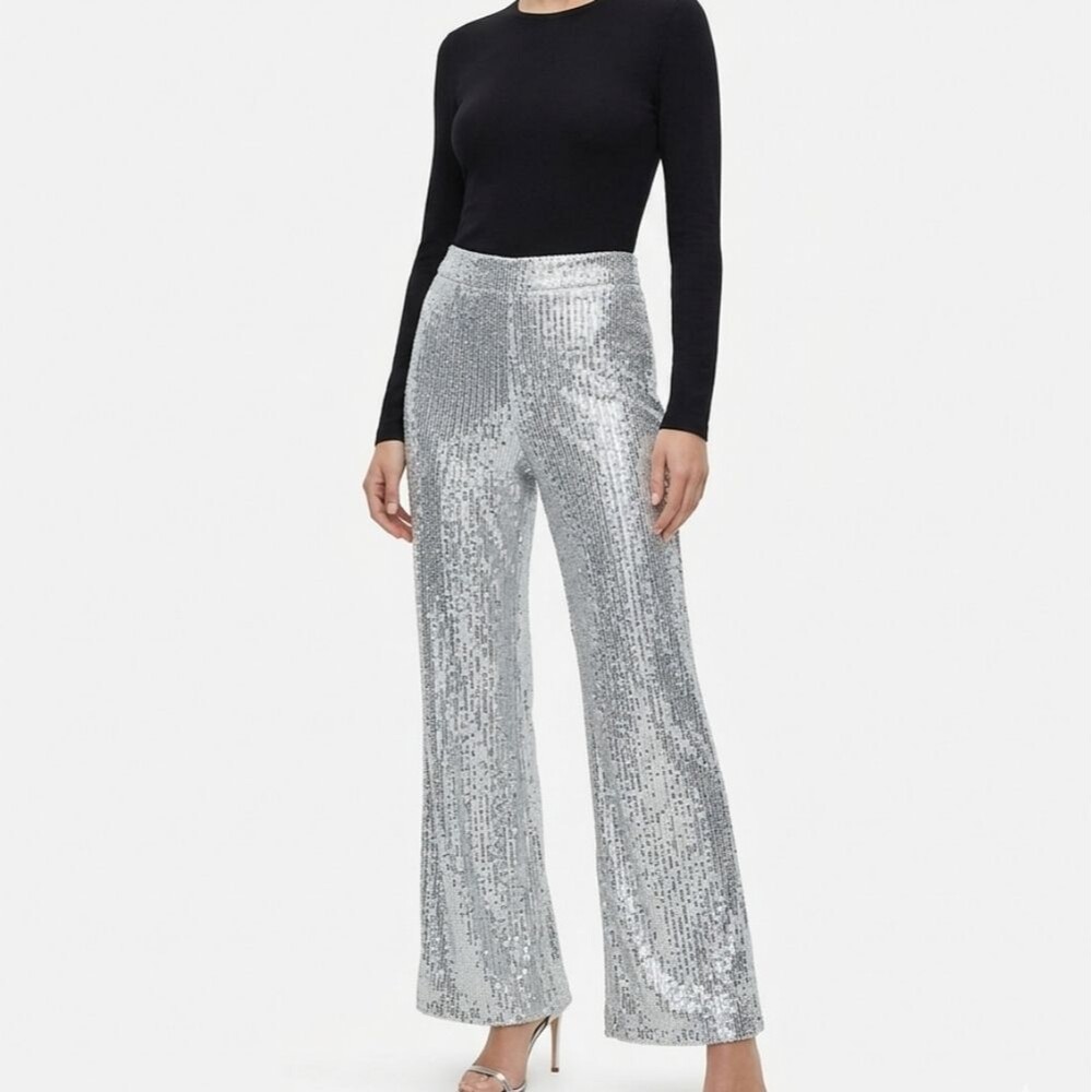 Express NWT Pants XS Silver Sequin High Rise Wide Leg Trouser Glamcore NYE